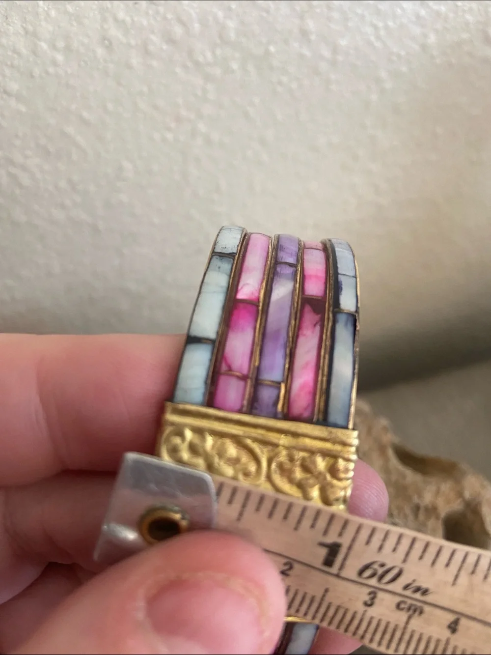 Vintage 70s Brass Mother of Pearl Inlay Hinged Bangle Bracelet